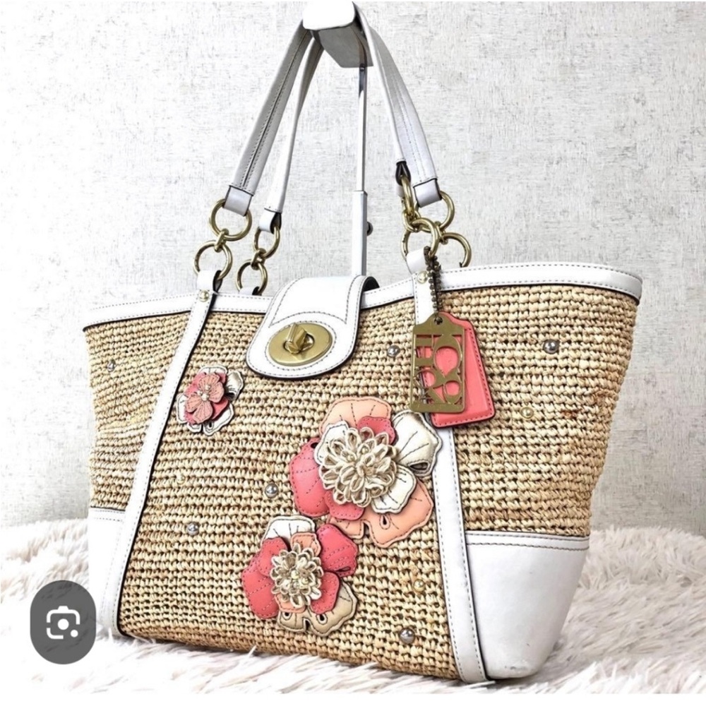Coach Hampton Leather and Straw Tote with White Trim and Floral Appliqués - Picture 3 of 15